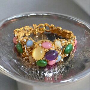 SPATZ Goldtone Multicolor Moonstone Cabochon Hidden Watch Bracelet